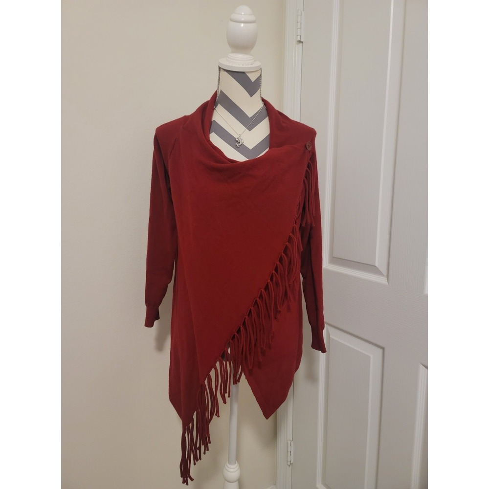 Fringed Cowl Neck Sweater Wrap Poncho Size M Asymmetrical Soft Dark Red Women's